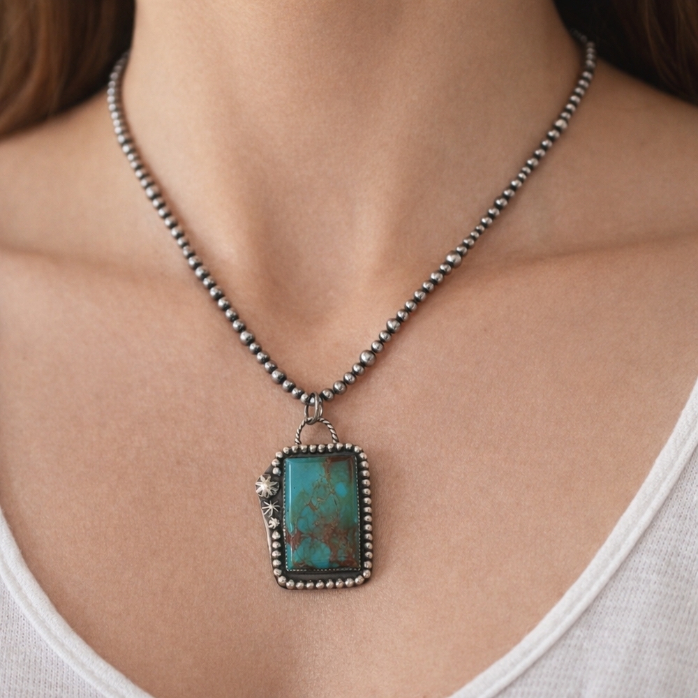 Turquoise and Silver Pendant Necklace 20"